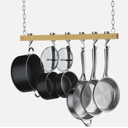 36” Single Bar Ceiling Mounted Wooden Pot Rack With Hooks By Williams Sonoma