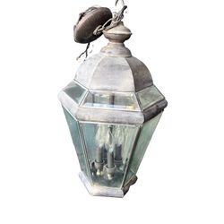 Vintage 24” Hexagonal Beveled Glass 4-Light Foyer Lantern Chandelier