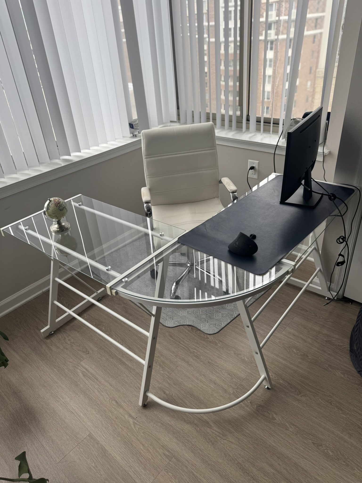 Modern L-Shaped Glass Desk – White Frame