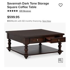 Savannah Dark Tone Storage Square Coffee Table - 4 drawers