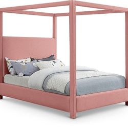 King Size Pink Linen Canopy Bed