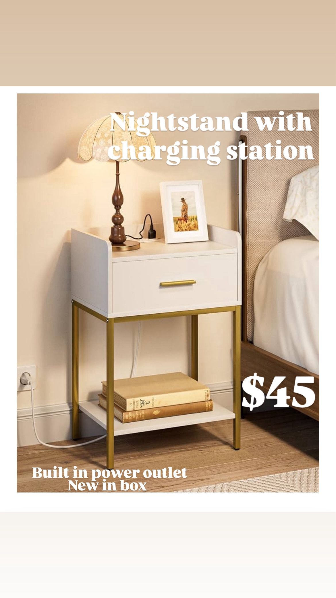 Nightstand with Charging Station,3-Tier Bedside Table for Small Space,Modern Night Stand with Storage Drawer and Shelf,Small Side Table for Bedroom,Li