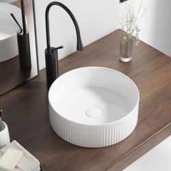 Round Vessel Sink 14 Inch Above Counter - White Ceramic Countertop Bathroom Sink, 14" x 14" Modern Vanity Art Basin Porcelain Hand Wash Basin