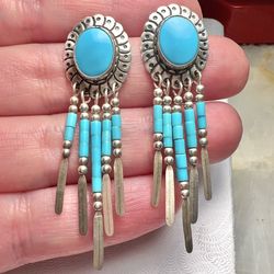 TK Emerson Navajo Signed Sterling Silver Concho Turquoise Earrings