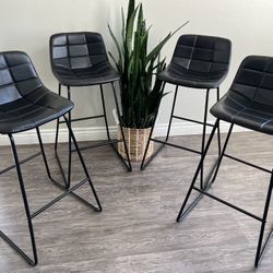 30 in. Black Mid Century Modern Faux Leather Low Back Metal Frame Bar Stools (Set of 4)