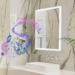 24x28”LED Bathroom Mirror Cabinet: Wall Medicine Cabinet with Bluetooth Speaker Shaver Socket Demister Dimmable Lighting Aluminum Frame Smart Touch Sw
