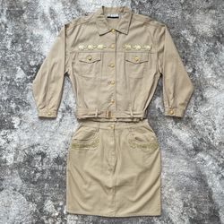 CLASS Vintage 90s Tan Khaki Denim Elephant Button Up Belted Jacket & Skirt Set