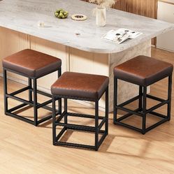 Counter Height Bar Stools Set of 3, 24" Barstools for Kitchen Countertop, Faux Leather Counter Stools with Thick Square Seats & Sturdy Metal Base