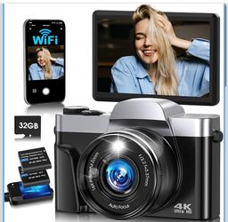 4K Digital Camera for Photography with WiFi,64MP Autofocus Vlogging Camera for YouTube,3'' 180° Flip Screen Compact Travel Camera for Teens with 32GB 