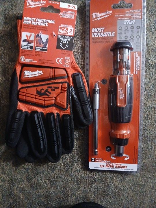 Milwaukee  Impact Protection Large Gloves & 27in1 Ratcheting Multi Bit Driver