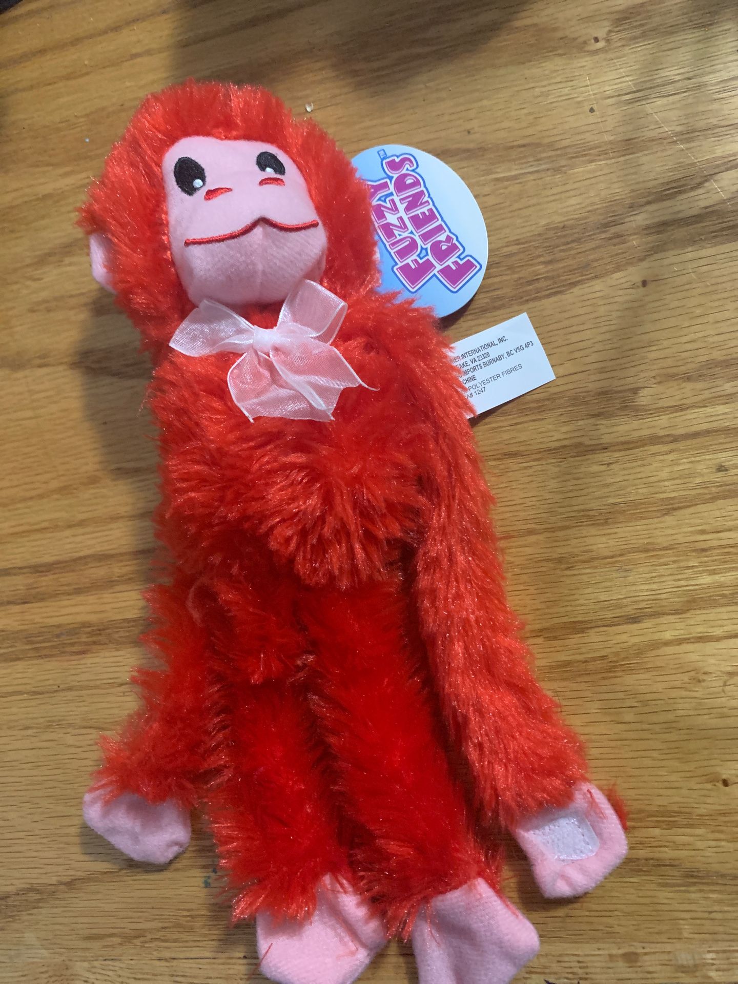 Fuzzy Friends stuffed red monkey w/ velcro