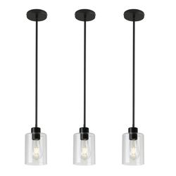 Set of 3 Black Pendant Lights with Clear Square Glass shades