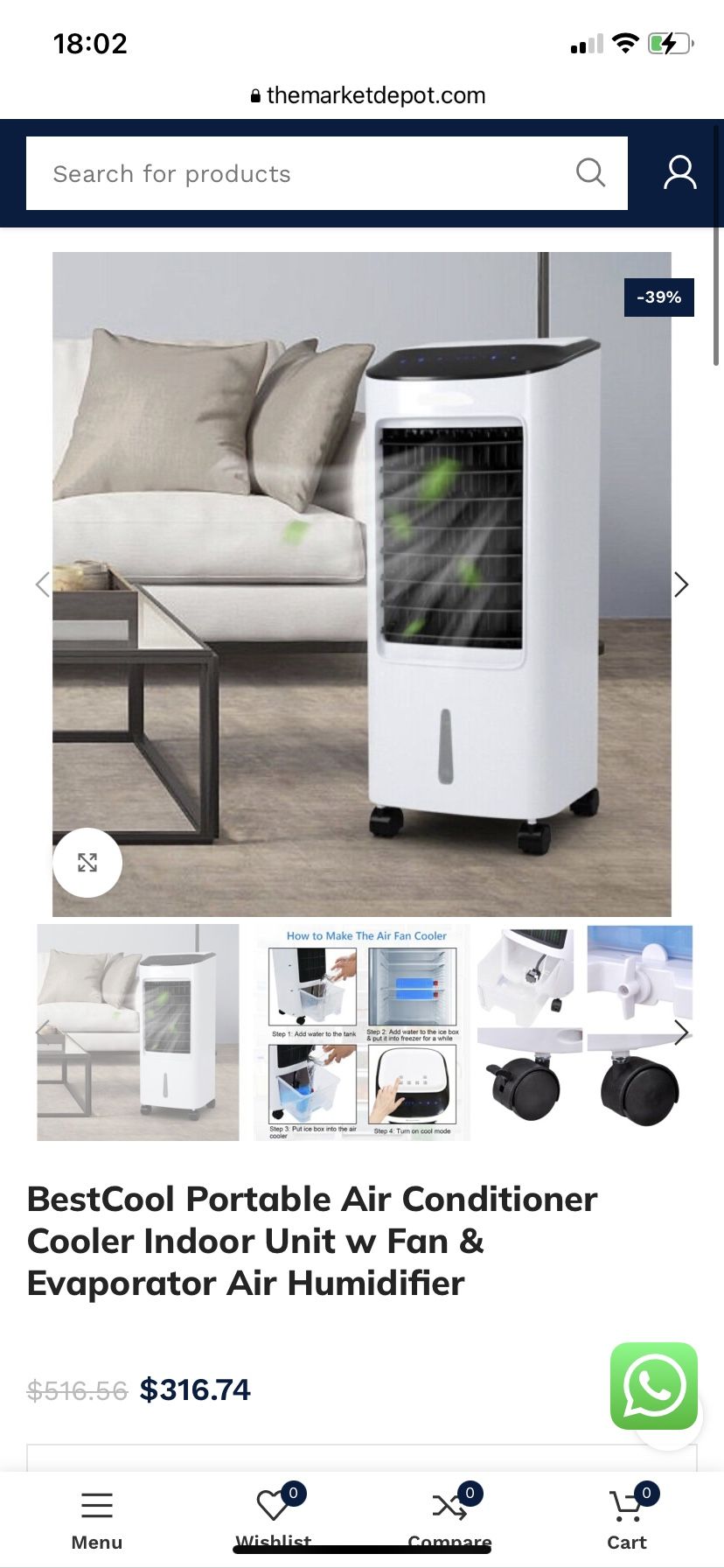 BestCool Portable Air Conditioner Cooler Indoor Unit w Fan & Evaporator Air Humidifier