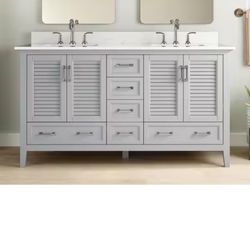 DENNICK 60 IN. DOUBLE SINK GRAY BATH VANITY WITH WHITE ENGINEERED STONE TOP (ASSEMBLED)