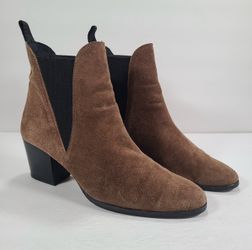 Anthropologie KMB Brown Suede Pull On Heeled Booties Women Size 10