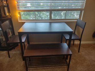 Wood table with bench and chairs