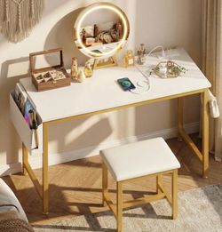Makeup Girls Vanity Set With Mirror And Stool And Lights & Power Outlet, White Make Up Dressing Table With Chair, Kids Vanities For Bedroom 40“
