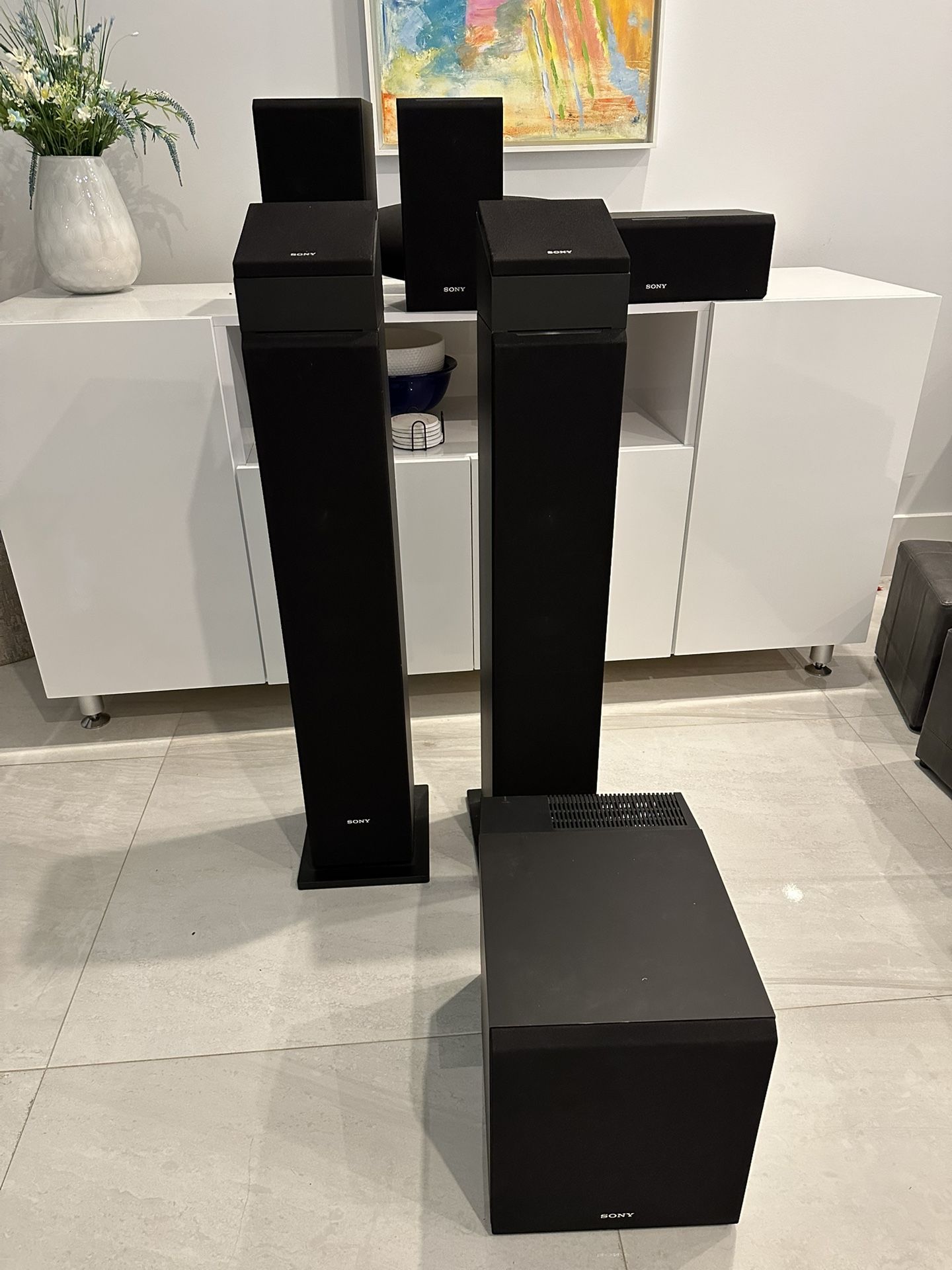 6 Piece Sony 7.1.2 Dolby Atmos Home Theater Speaker System with Receiver - Excellent Condition! Transform your living room into a cinematic