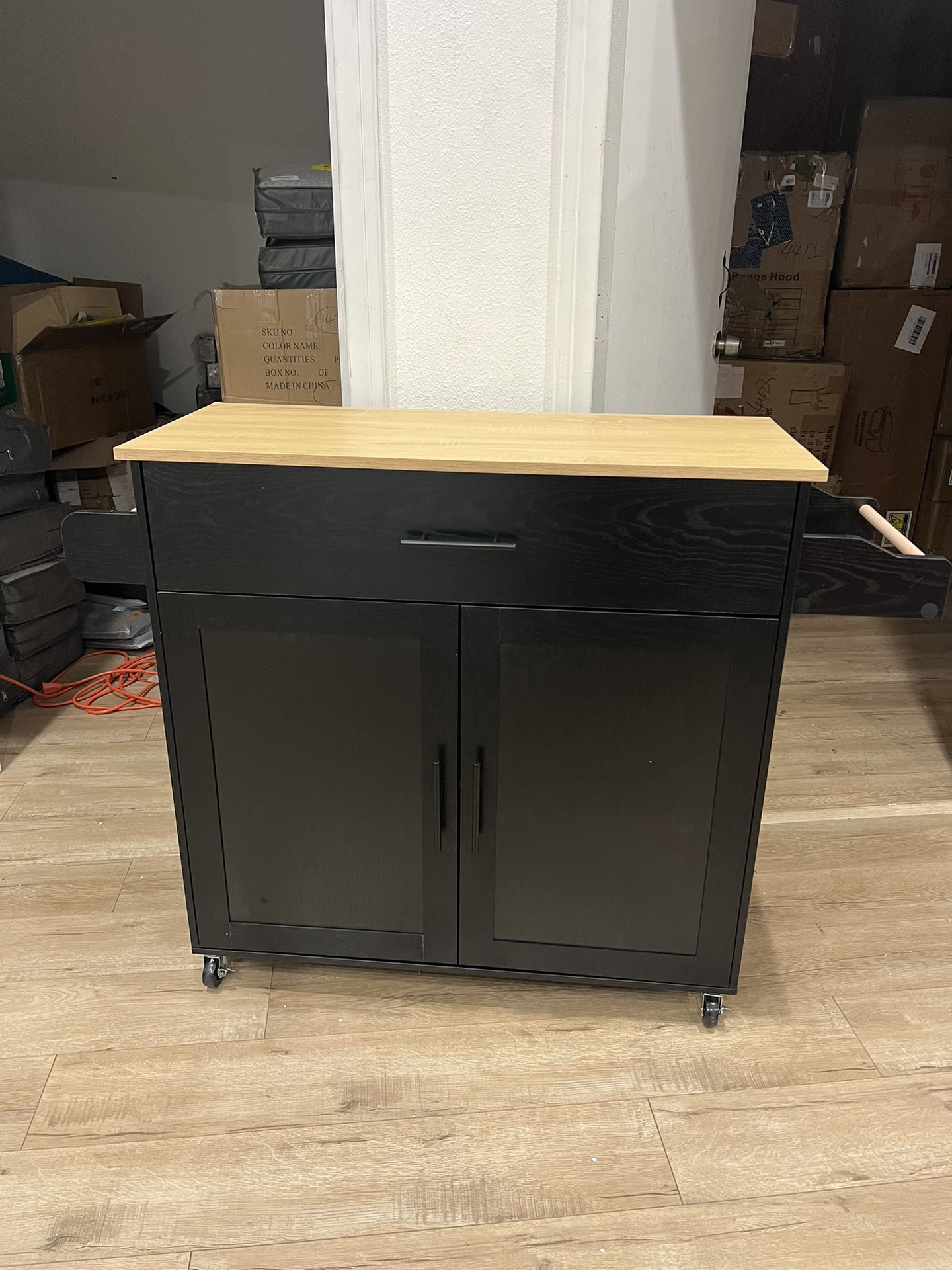 Rolling Kitchen Island with Storage, on wheels with Storage Cabinet, Drawer, Spice Rack, Towel Rack, Black