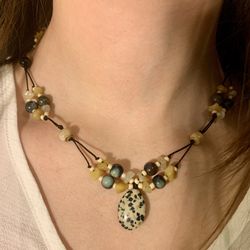 Dalmatian Jasper Beaded Boho Necklace - 20 In - Handcrafted 