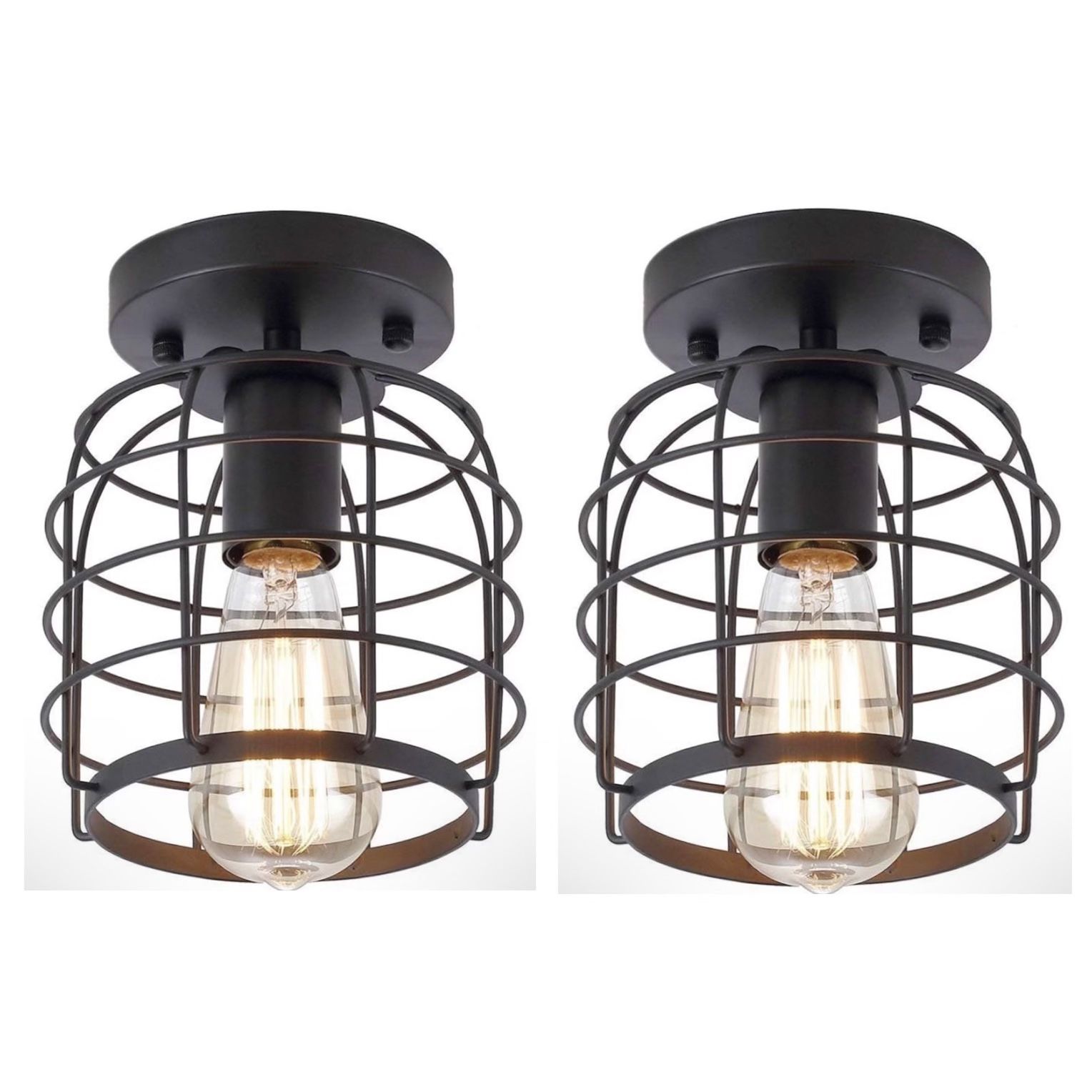 Set of 2 Industrial Vintage Flush Mount Ceiling Lights,Rustic Metal Cage