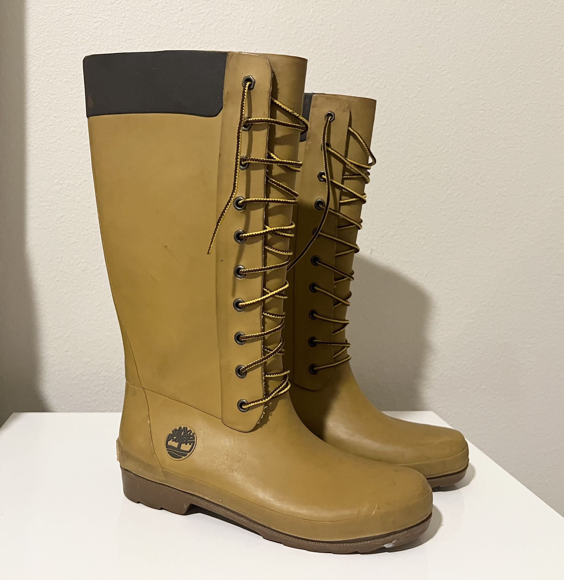 Timberland 14" Tall Rubber Rain Boots Womens Sz 8M Tan Yellow Lace Up
