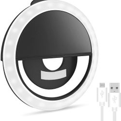 Selfie Ring Light for iPhone & Android, Rechargeable Portable Clip-on Selfie Light for Smart Phone Camera, Girls Makeup Black