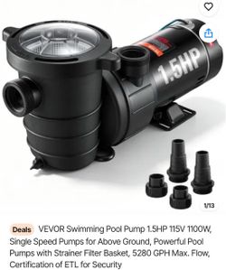 VEVOR Swimming Pool Pump 1.5HP 115V 1100W, Single Speed Pumps for Above Ground