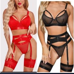 Garter Belt Thong Lingerie For Women, Strappy Hollow Out Sexy Lingerie, UnderwireMesh Sheer Matching4 Piece Lingerie SetBoudoir Black Fishnet
