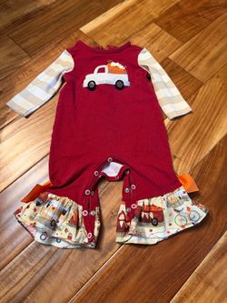 Baby girl Ricrac and ruffles pumpkin fall Halloween truck romper. Size 6/9 month