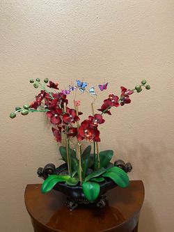 Red Silk Orchid Arrangement with Butterflies in Ornate Planter