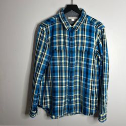 Outerknown Blanket Flannel Shirt Mens Large Blue Wave Yellow