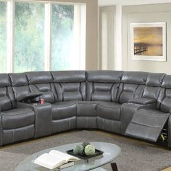 Brand New Gray Leather Reclining Sectional Sofa 