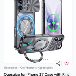 Ougsuico iPhone 17 Case - Ring Stand, Camera Cover, MagSafe, Black