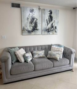 Gray Velvet Tufted Chesterfield Sofa with ottoman