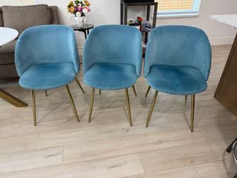 3 Blue Velvet and Gold Dining Chairs
