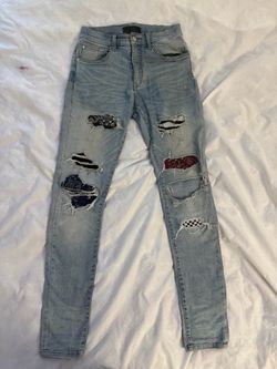 AMIRI Men's Light Wash Distressed Skinny Jeans bandana size 30