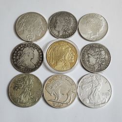 Lot Of (9) Replica Coins - Exact Size - Look Like Real Coins  - Morgan , Peace Dollar & More
