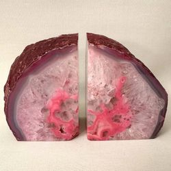 Natural Pink Dyed Brazilian Agate Geode Stone Bookends