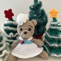 New Handmade Crotchet Teddy Bear Girl In A Cute Dress With A Lady Bug