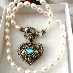 BARBARA BIXBY STERLING SILVER 18k SOLID GOLD TURQUOISE HEART PENDANT 