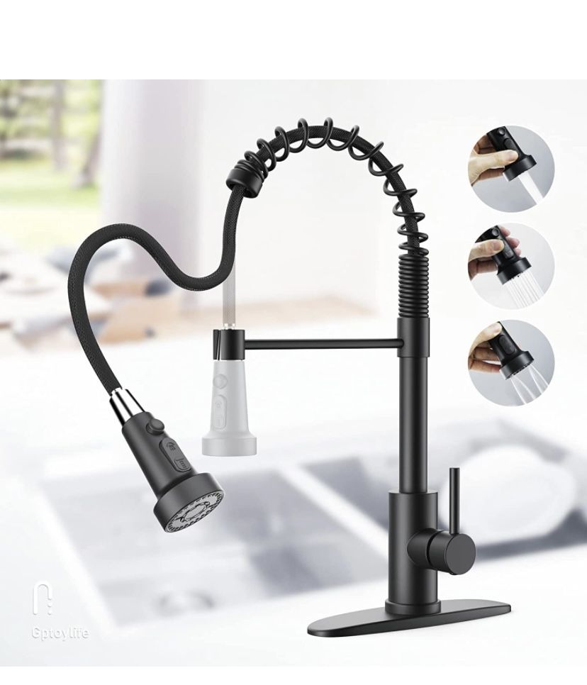 Kitchen Spring Faucets with Pull Down Sprayer-3 Functions Sprayer Commercial Kitchen Sink Faucets | Stainless Steel Single Handle Matte Black Kitchen