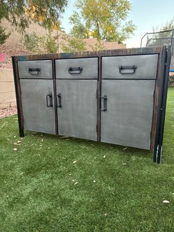 Heavy weight Industrial buffet console table with metal fronts modern display shelf cabinet accent table