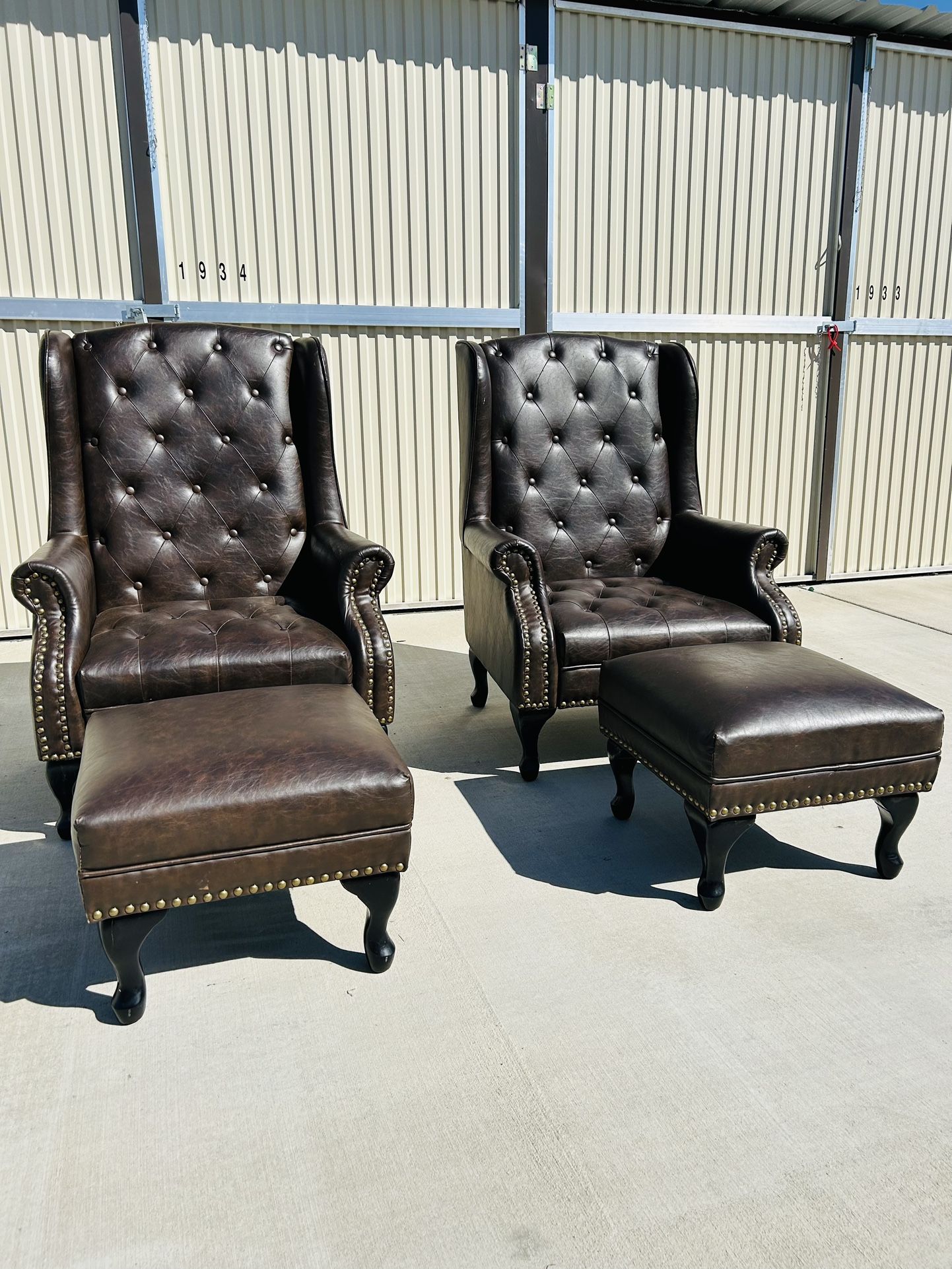 2 Dark Brown Marble Faux Leather High Back Chairs With 2 Foot Rest Ottomans 