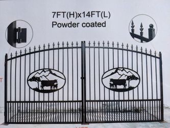 7 Ft By 14 Ft Wide Wrought Iron Gate With Mountain And Cows