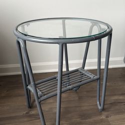 Round End Table With Glass Top And Rattan Shelf