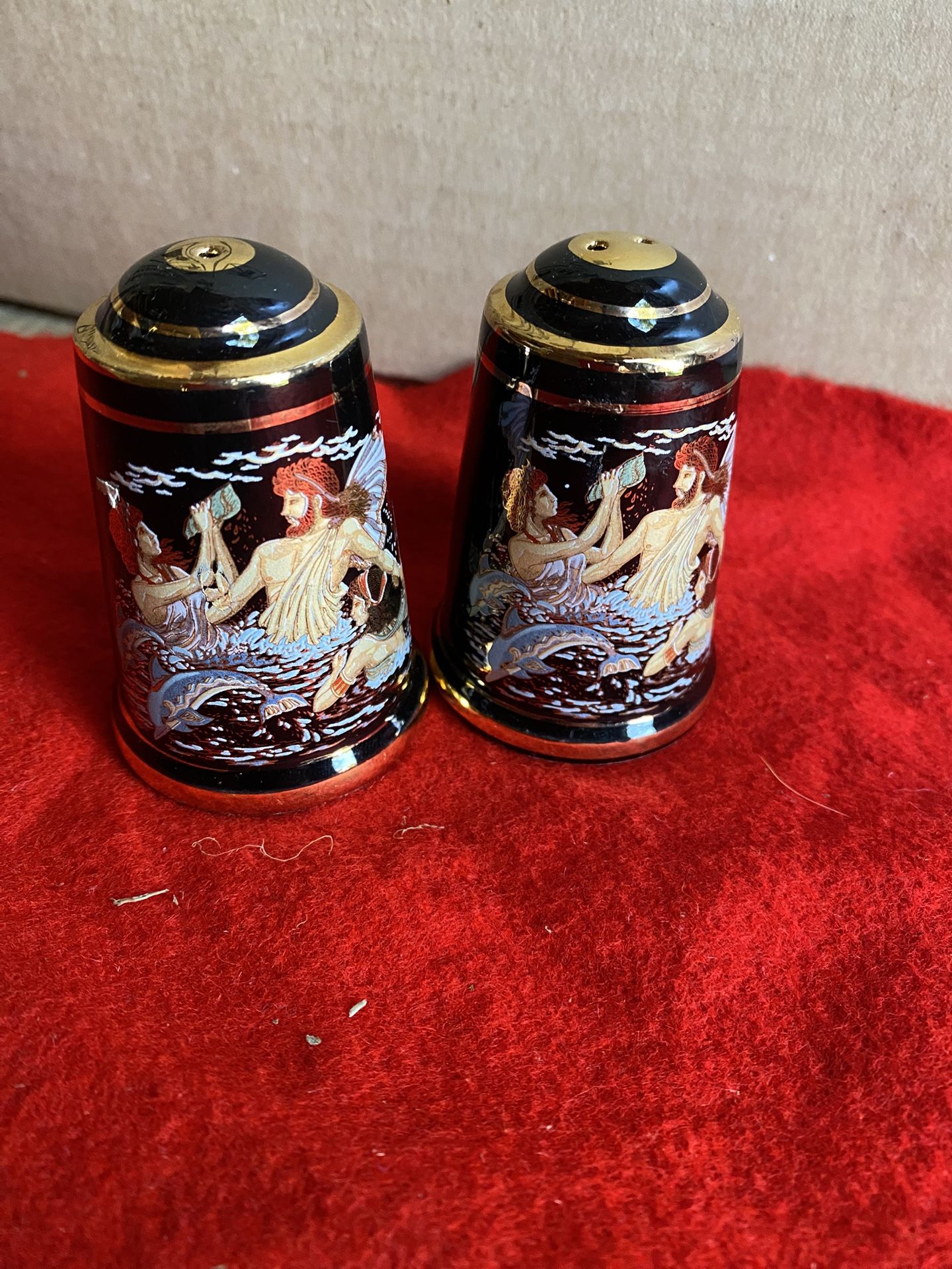 24k Black & Gold Handmade In Greece Greek Ceramic Salt & Pepper Shaker Set Imported From Greece (3 available)