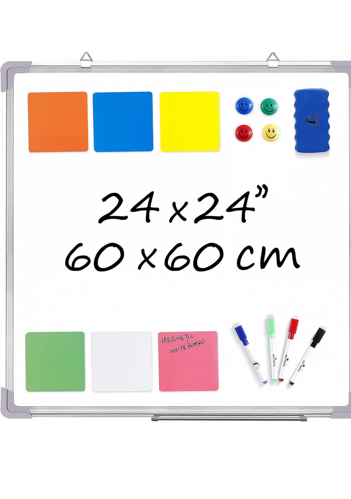 Whiteboard Set - Dry Erase Board 24 x 24" with 1 Magnetic Eraser, 4 Dry Wipe Markers, 4 Magnets and 6 Magnetic Labels - Wall Hanging Reminder Kanban W