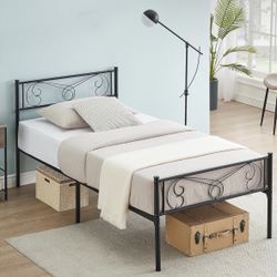 Twin Size Black Metal Bed Frame with Elegant Scroll Headboard & Footboard
