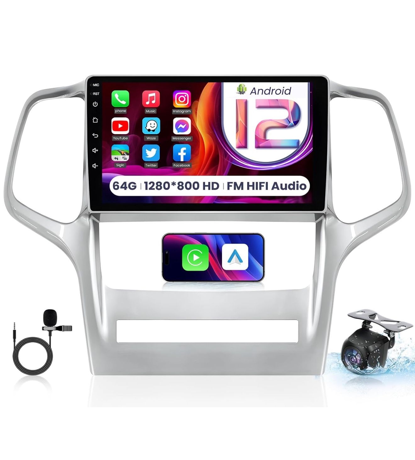 [64G] Car Radio Stereo for Jeep Grand Cherokee 2011-2013: Upgrade Wireless Carplay Android Auto 1280 * 800 Touch Screen Head Unit Bluetooth GPS Naviga